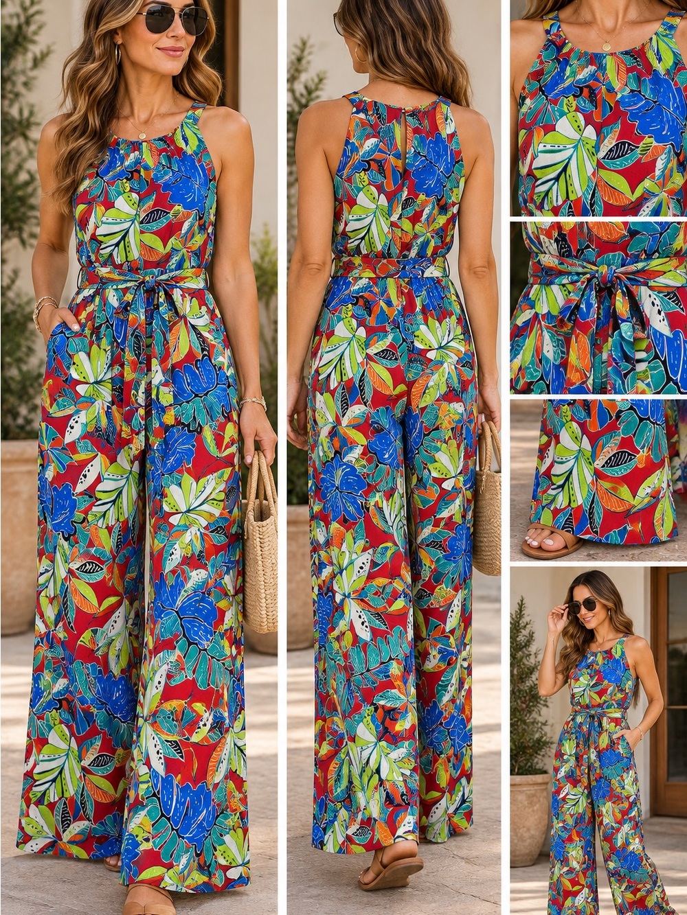 Nicole Miller Red Tropical Wide-Leg Jumpsuit with Blue & Green Floral Print